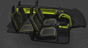 
Dessin de l'habitacle du concept-car VW E-Up! Concept de 2009. Cet habitacle a un concept de 3+1 places. La banquette arrire se rabat en 40/60.
 