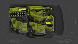 
Ce dessin illustre la modularit de l'habitacle de la VW E-Up! Concept, avec le 1/3 gauche de la banquette rabattue. Le chargement d'objets ne perturbe pas le passager arrire restant, grce  la
 